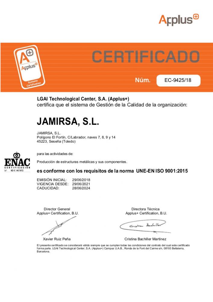 Certificado ISO Construcciones Metálicas Jamirsa