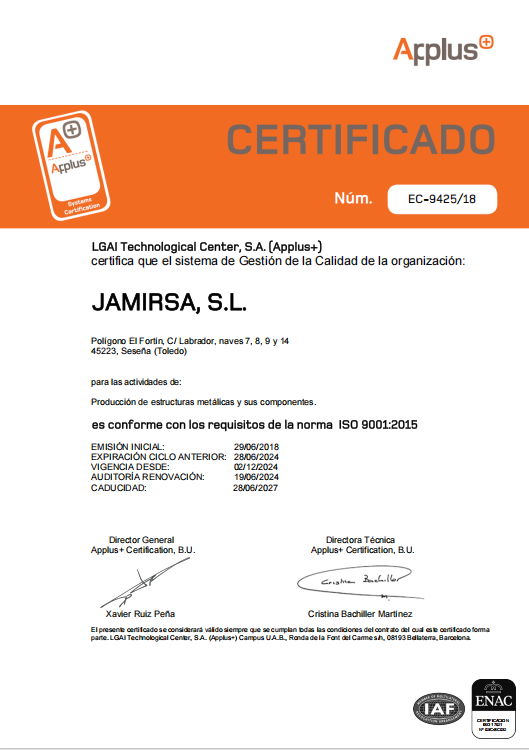 Certificado ISO Construcciones Metálicas Jamirsa
